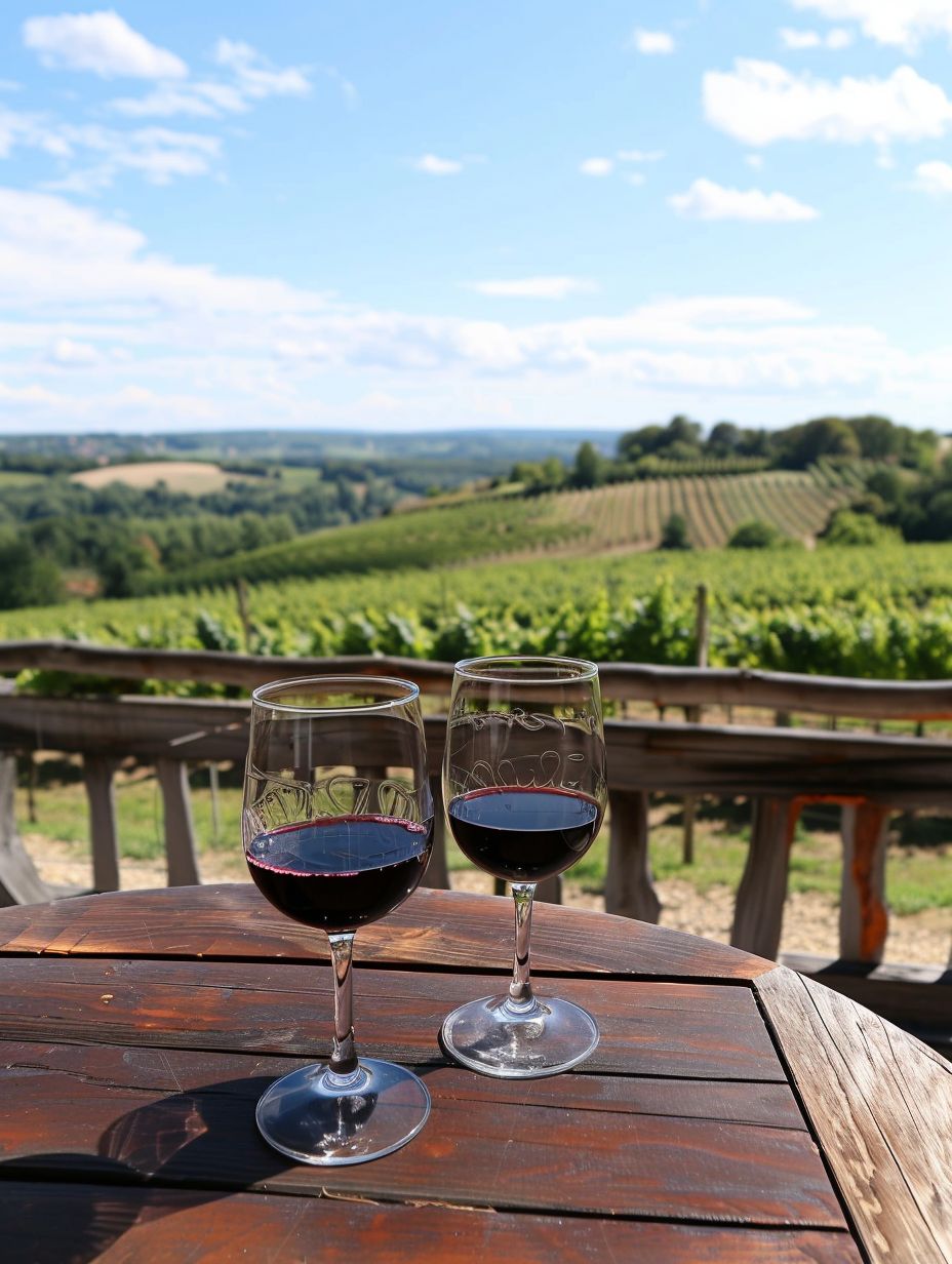 red wine glasses overlooking bordeaux vineyards