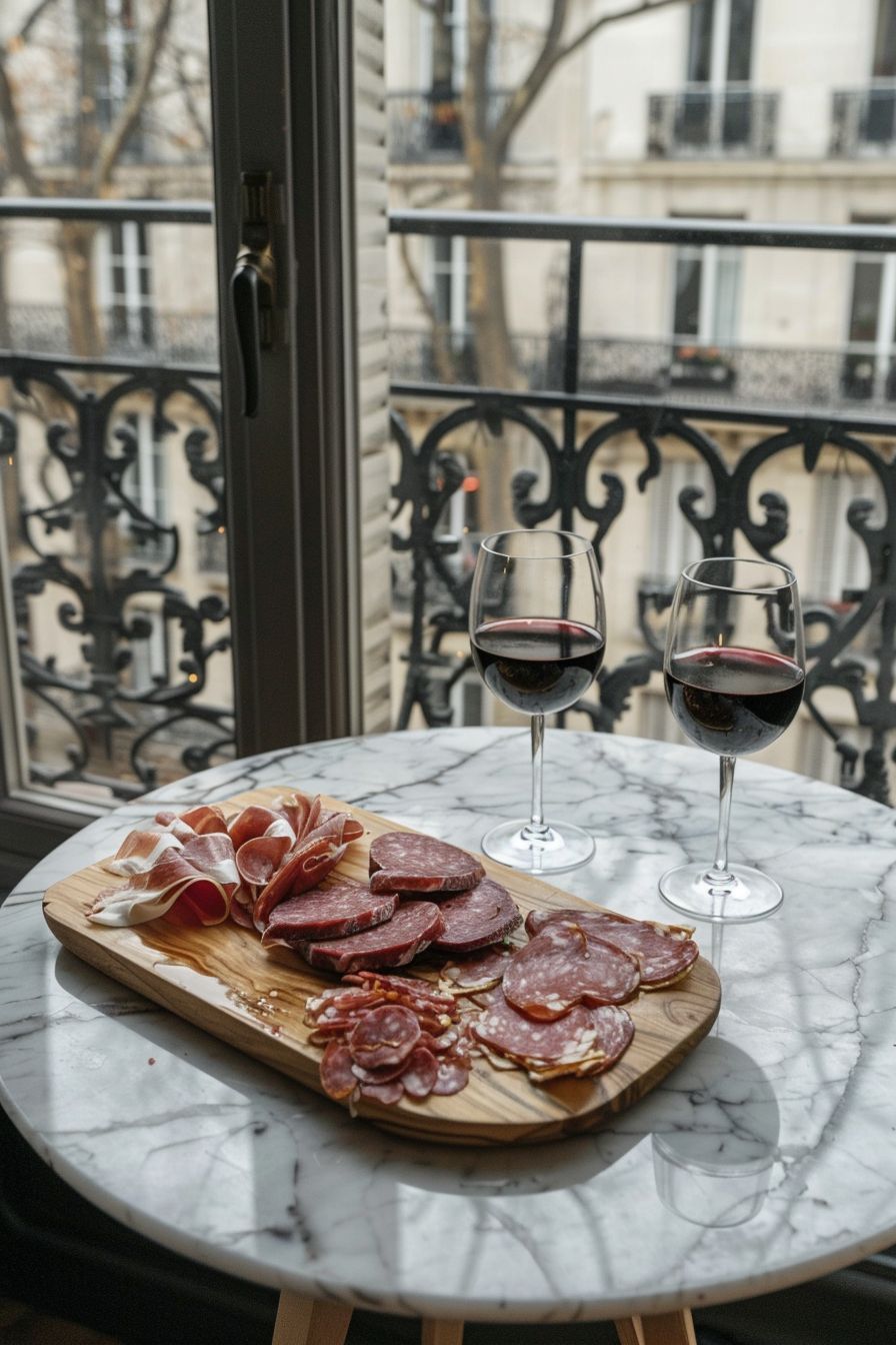 Charcuterie and Cured Meats marble table with board in Paris apartment