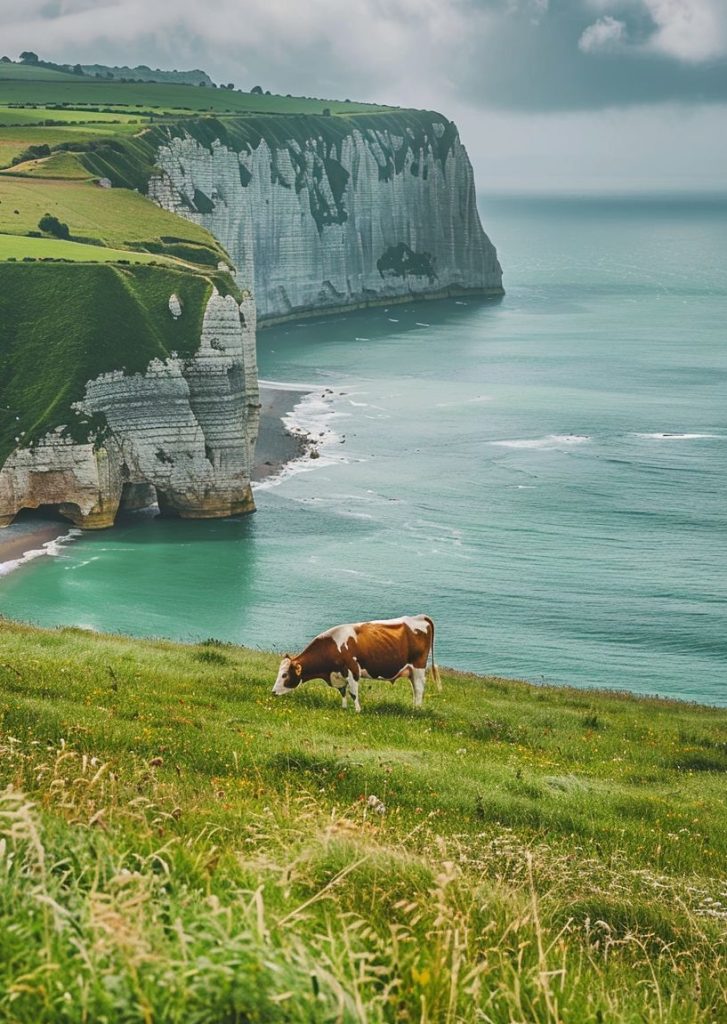 Cheese Regions France cow grazing expansive grassy field near the cliffs of Normandy