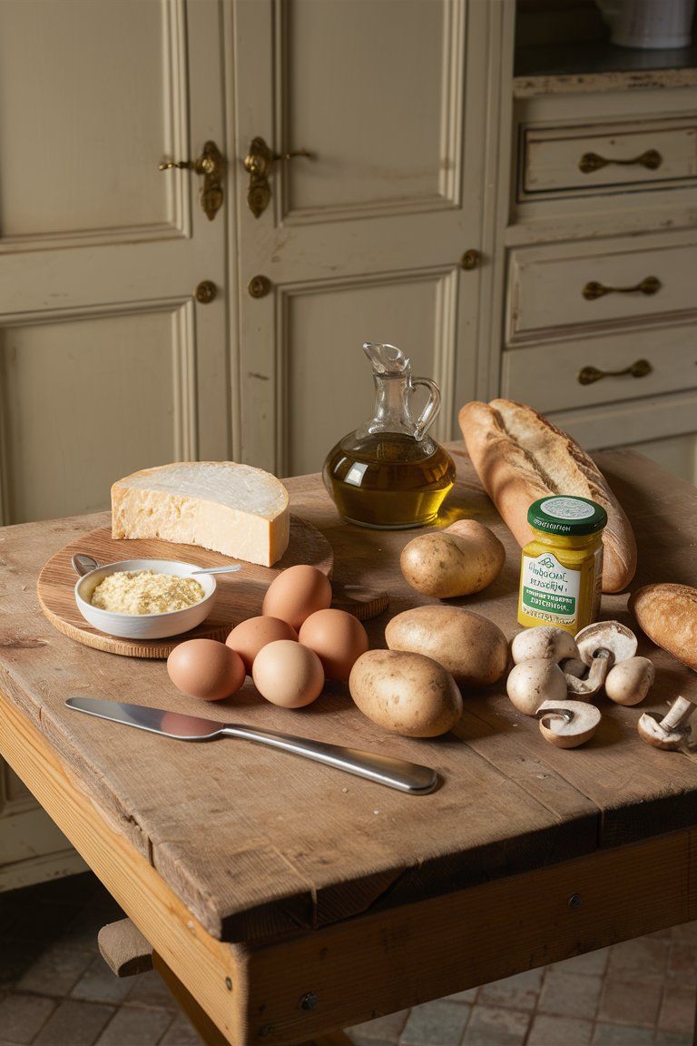 Common French Recipe Ingredients wood prep table traditional French country kitchen