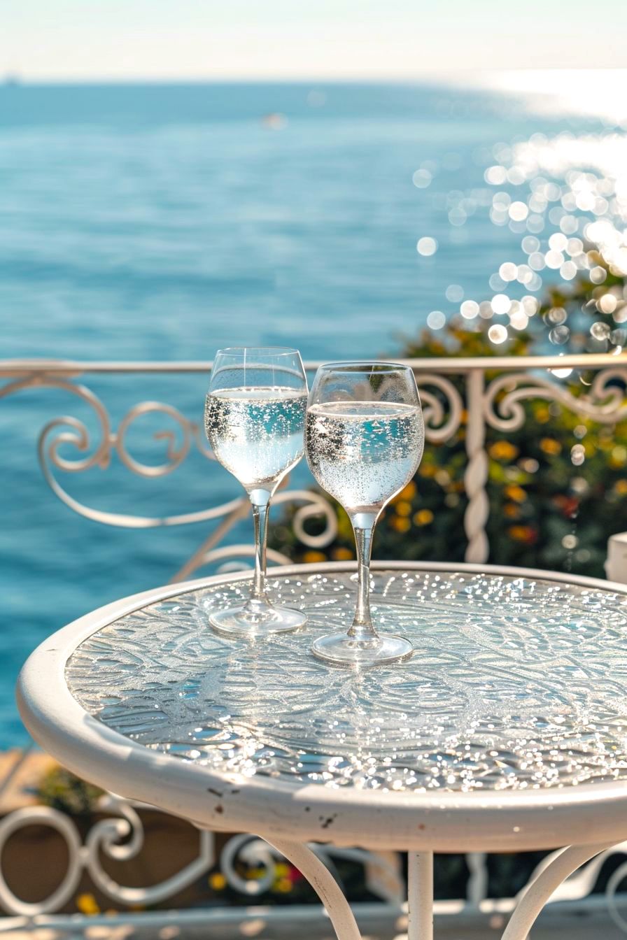 Drinking Water in France 2 glasses of sparkling water on a round white iron patio table