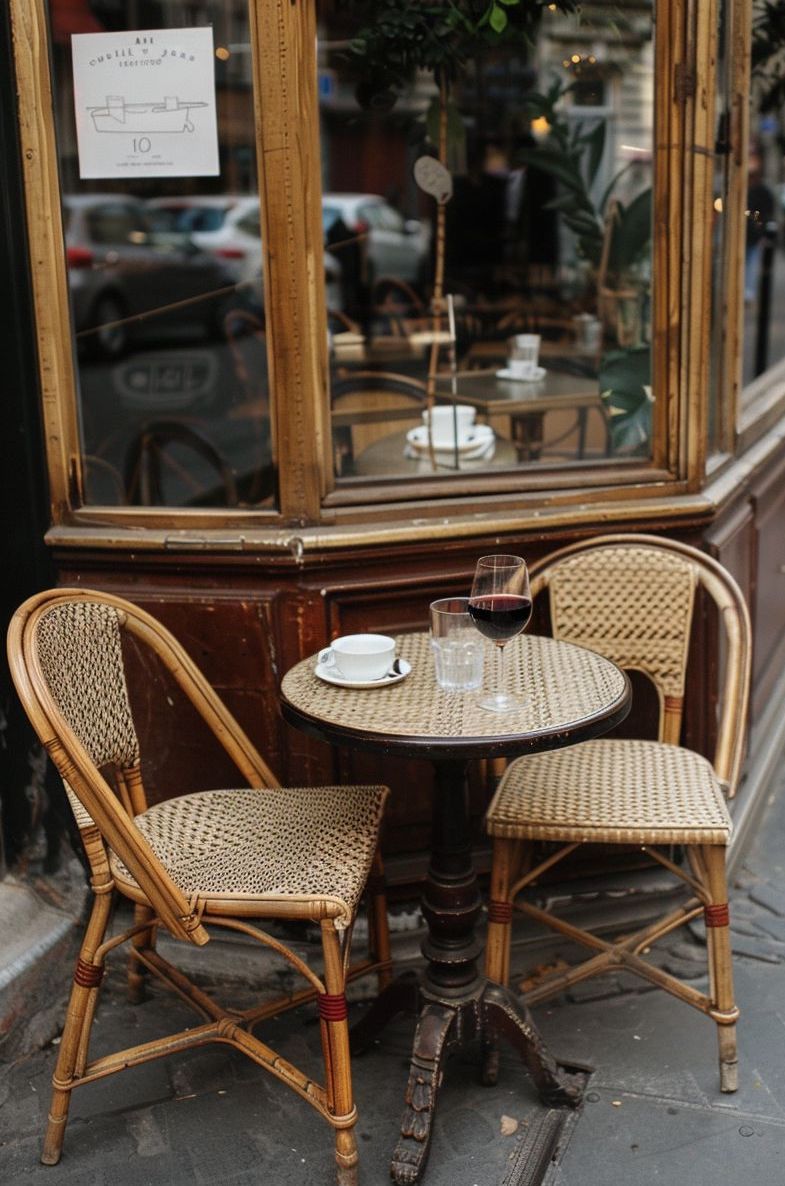 Drinks in France white cup of cafe au lait and a glass of red wine