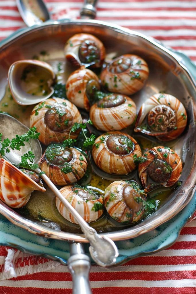 Escargots a la Bourguignonne red and white striped linen tablecloth