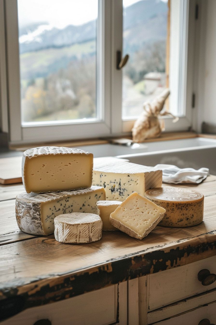 Franche-Comte cheeses regional on a rustic wood kitchen table