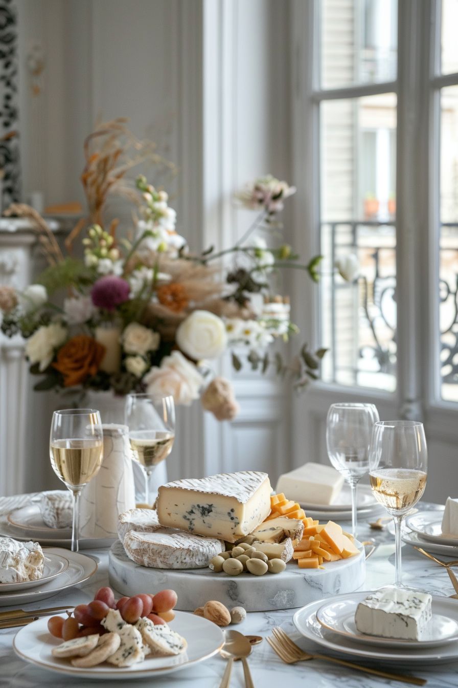 French Cheese Etiquette Tips served on a white marble cheese platter in a classy dining room in Paris