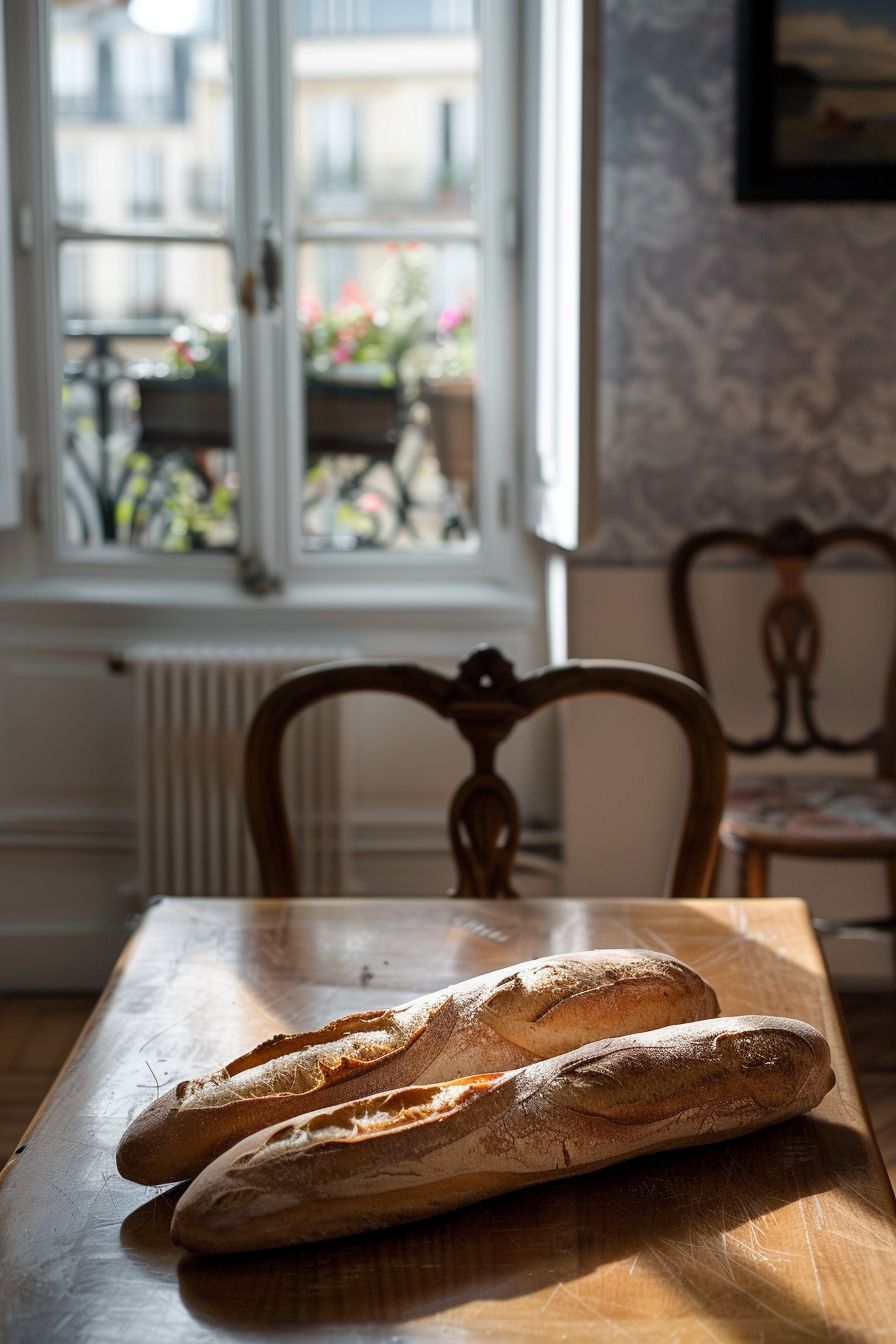 French Food Customs and Traditions Around Eating Meals fresh baguettes on dining table of Parisian apartment dining room