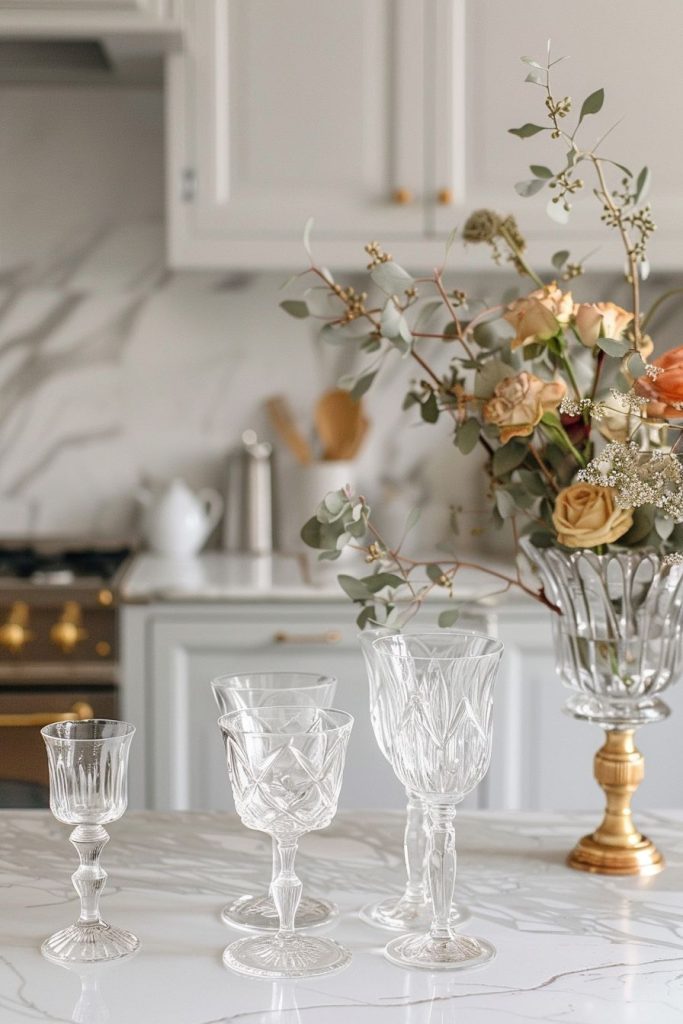 French Glassware Brands elegant glassware set on a white marble countertop inside a classy Parisian kitchen