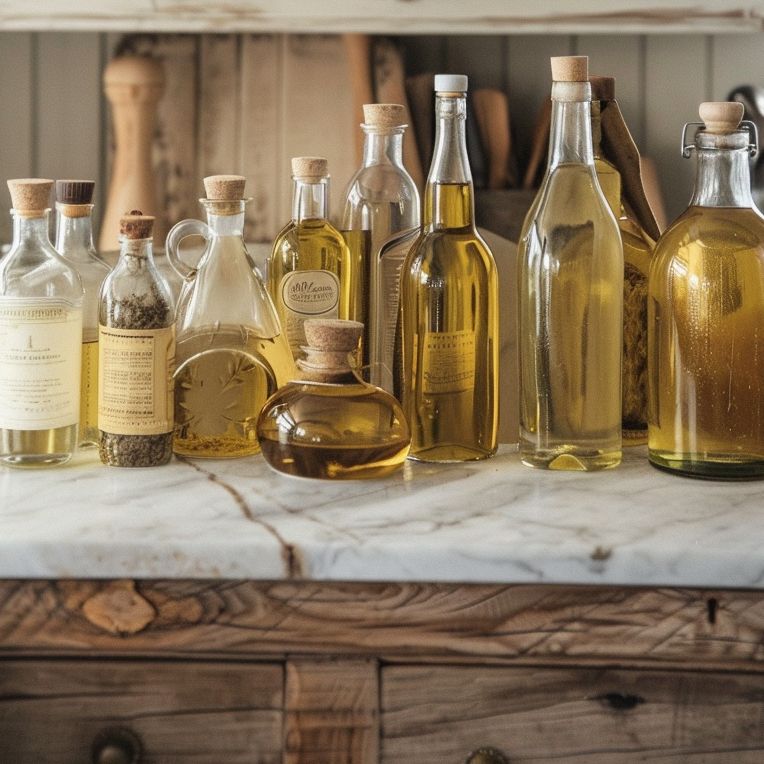 French culinary oils in french country kitchen