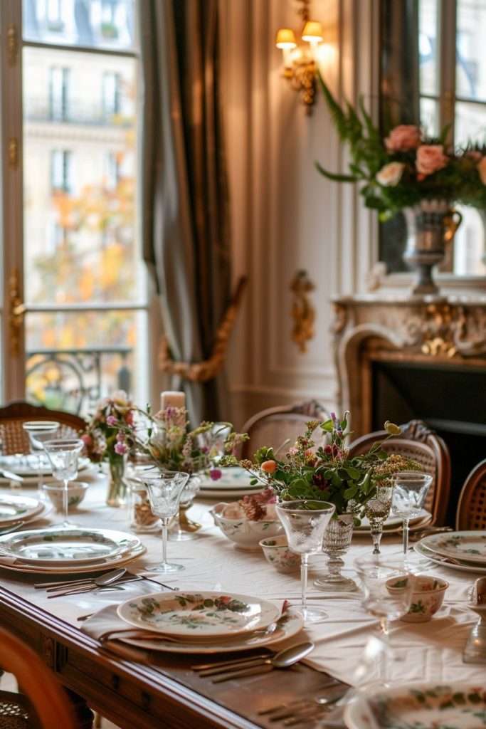 French tableware brands set for hosting a small dinner party in a classy dining room in Paris