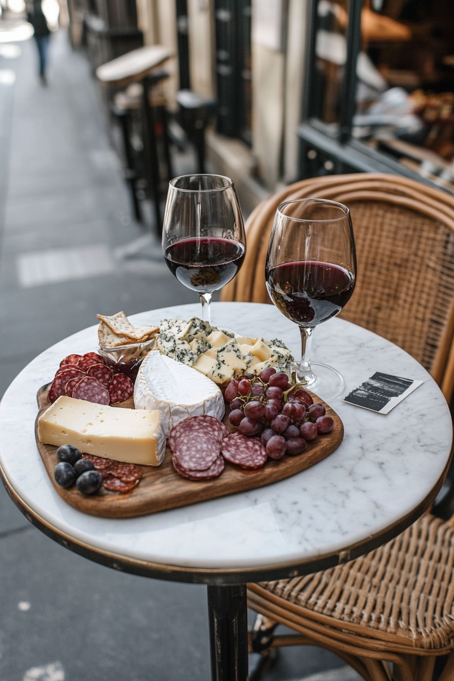 How to Talk About Food in French Phrases to Know cheese_and_charcuterie_board_with_2_glasses_of_red