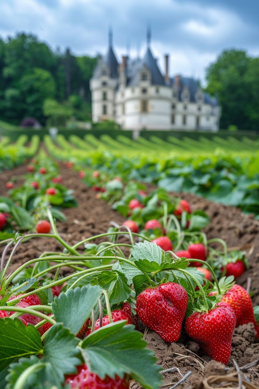 Popular Fruits Enjoyed in France strawberry field nearby a countryside chateau in France