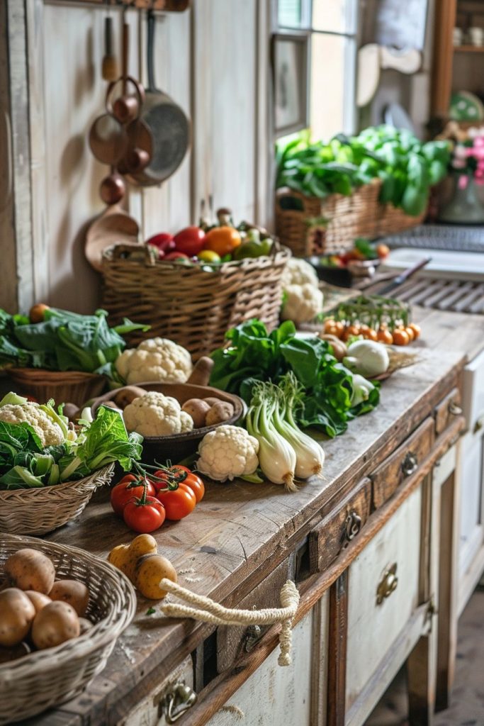 Popular Vegetables in France wood prep table with vegetables in traditional French country kitchen