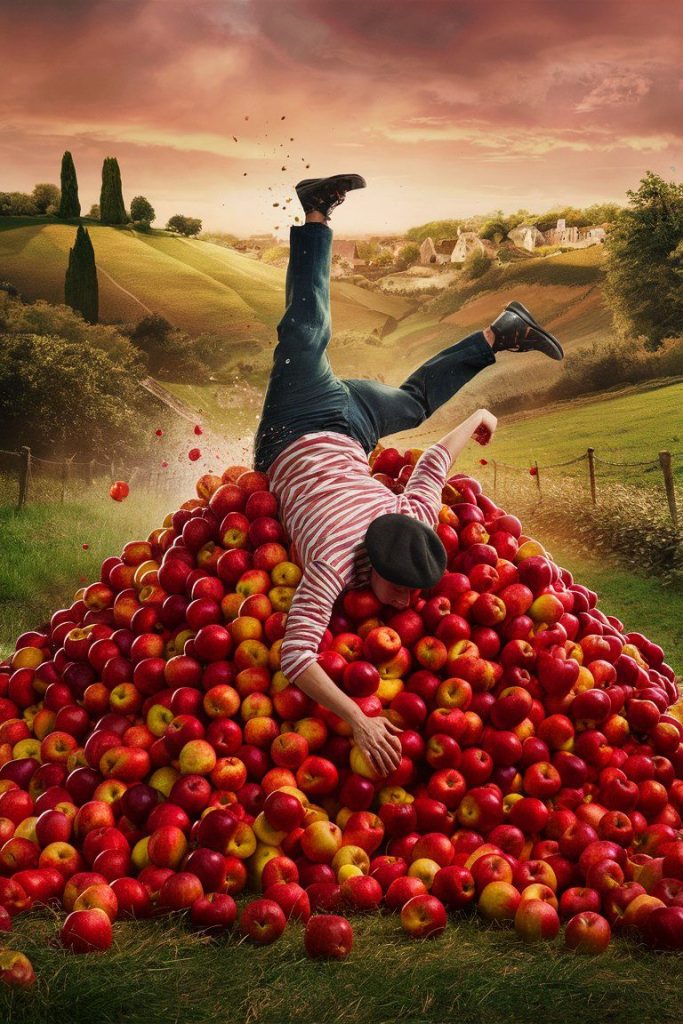 Tomber dans les pommes falling into a pile of apples, in the countryside of France