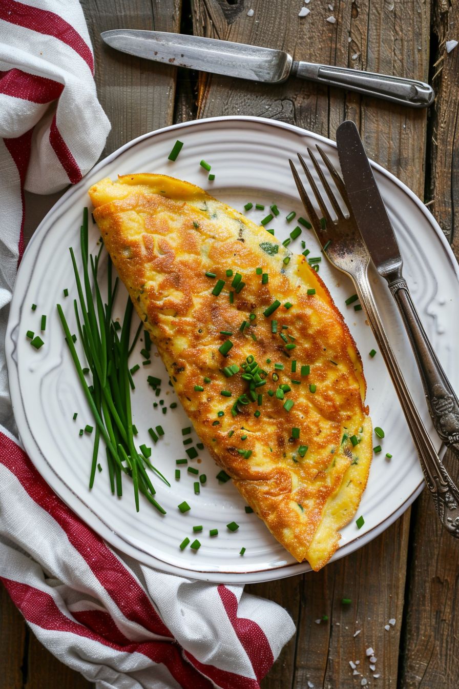 French Breakfast Omelet tender, slightly runny, and folded into a delicate envelope with herbs de Provence and side of chives