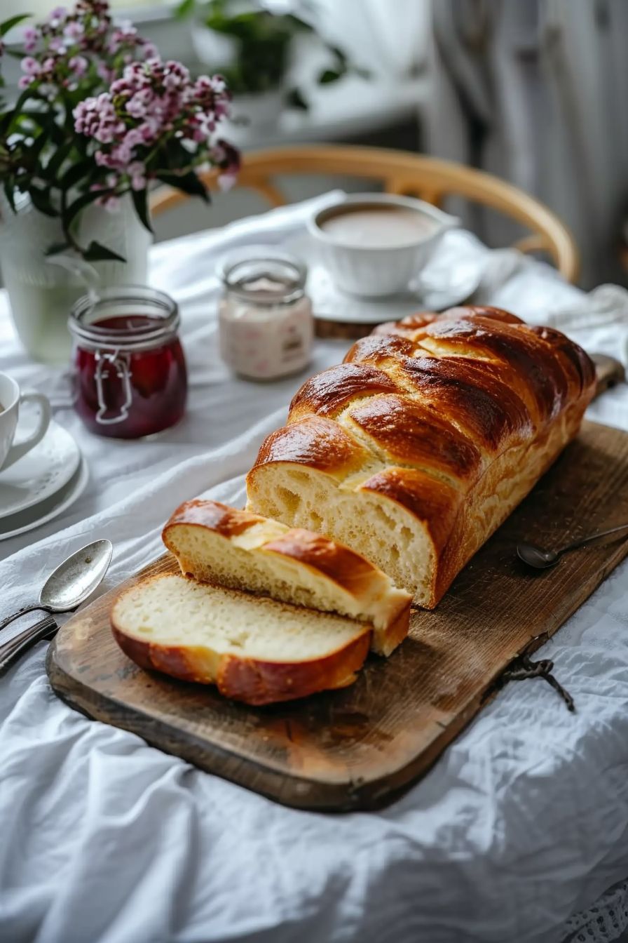 French Breakfast Recipes Brioche bread with slices and jar of jam on dining table