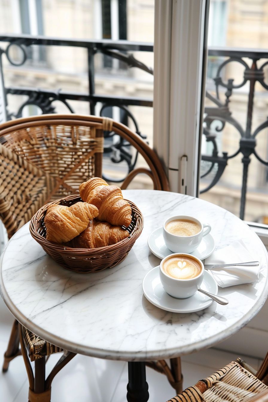 French Breakfast Recipes Croissants on a marble bistro table parisian apartment