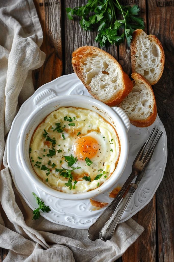 French Breakfast Recipes Eggs en Cocotte and a side of toasted baguette slices