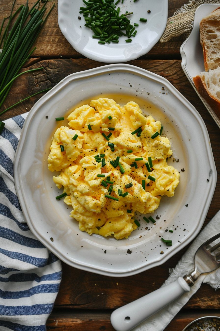French Breakfast Recipes Scrambled Eggs with herbs de Provence and side of chives