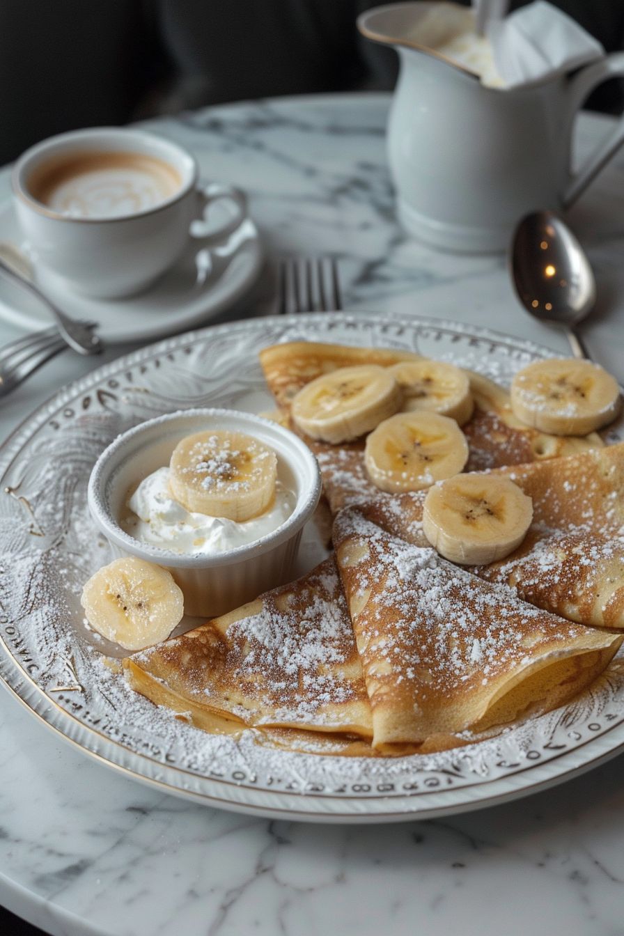 French breakfast recipes Crepes with Banana slices and creme fraiche, served with a small white cup of fruit on a white porcelain plate