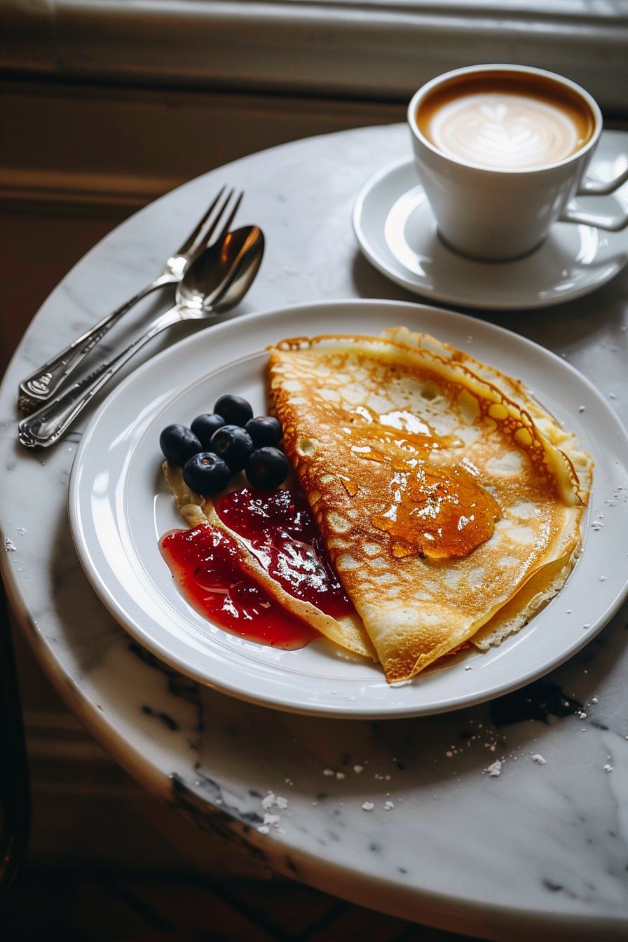 French breakfast recipes Crepes with strawberry jam handful of blueberries
