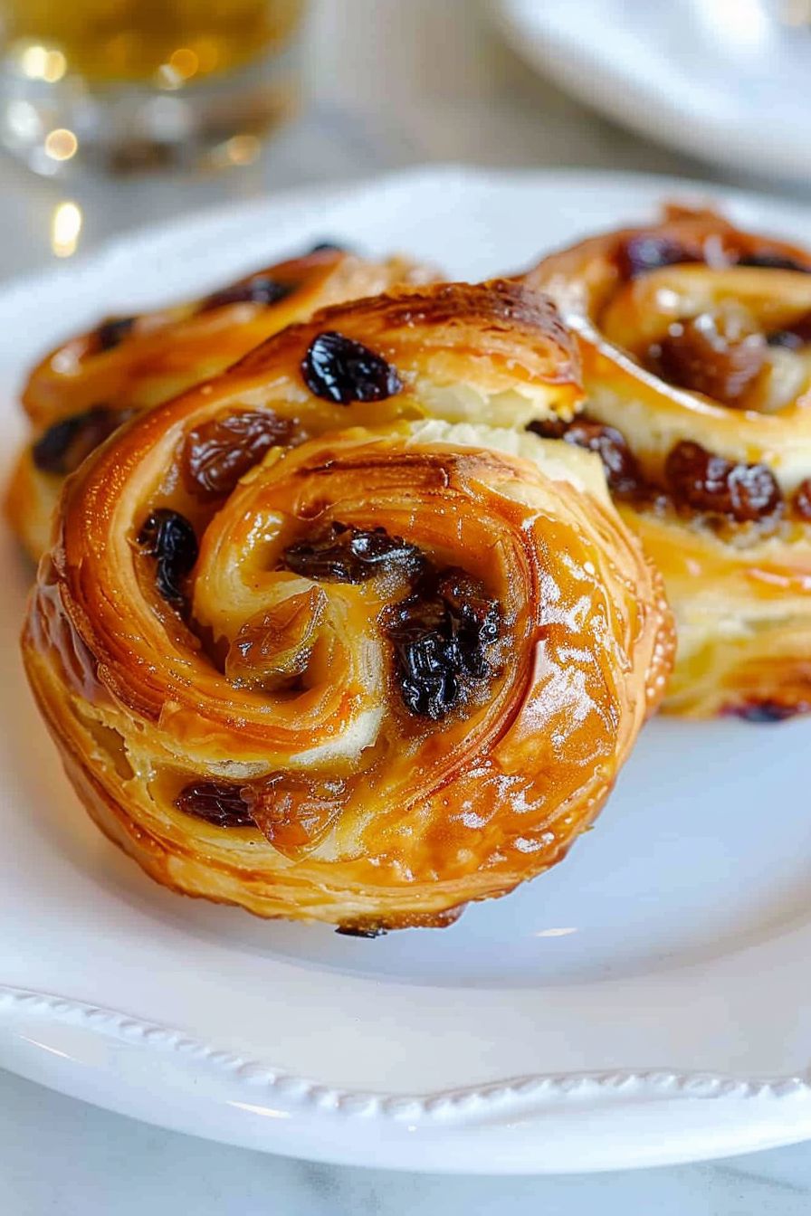 French breakfast recipes Pain aux Raisins on a white porcelain plate
