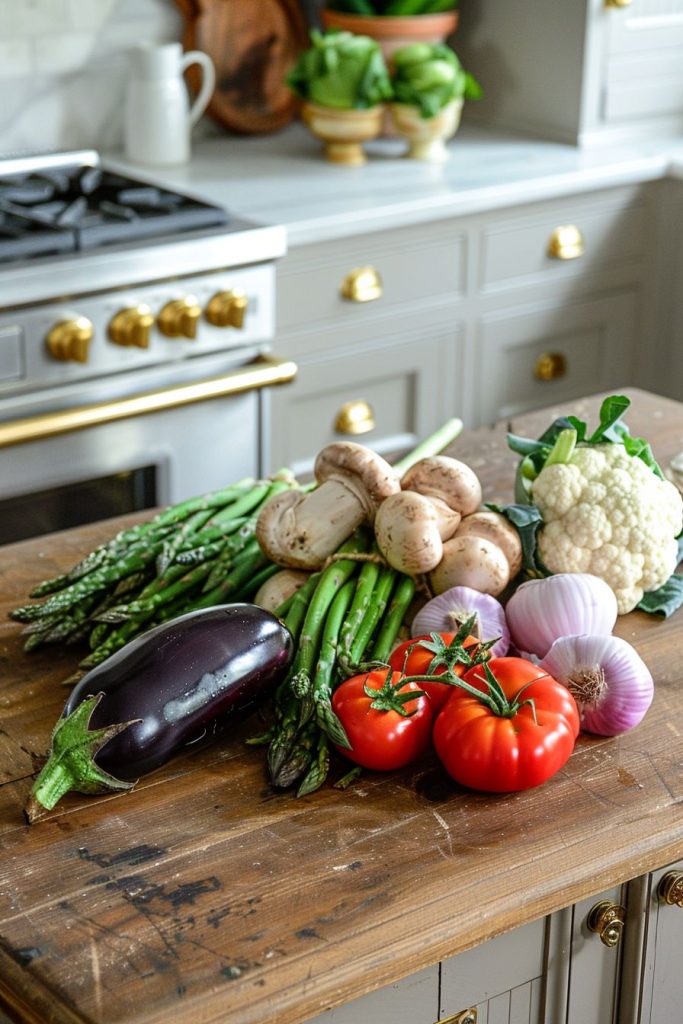 Types of Vegetables Eaten in France farmer's market groceries eggplant, tomatoes on the vine, onions, cauliflower, mushrooms, asparagus