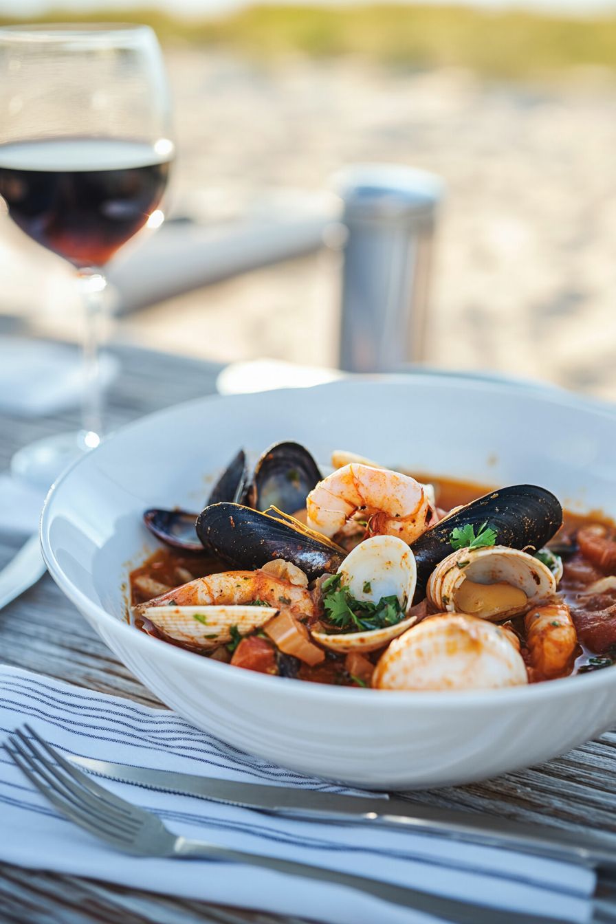 French Seafood Recipes Bouillabaisse with vintage silverware nearby