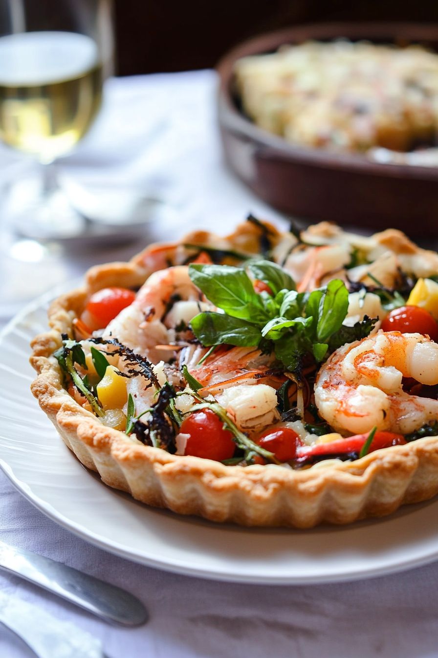 French Seafood Recipes Tarte aux Fruits de Mer served on a white dinner plate