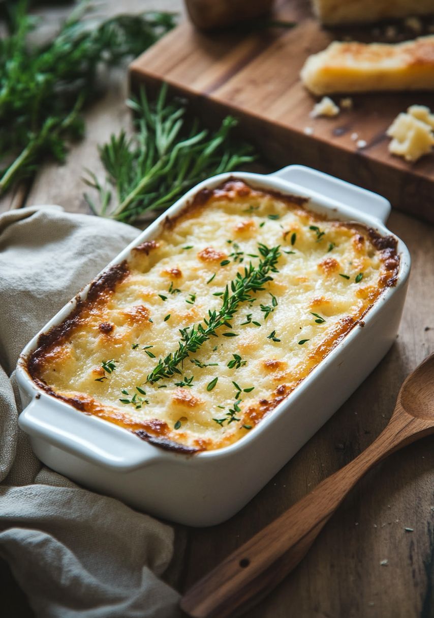 French fish recipes Brandade de Morue freshly baked in a rectangular white porcelain dish.