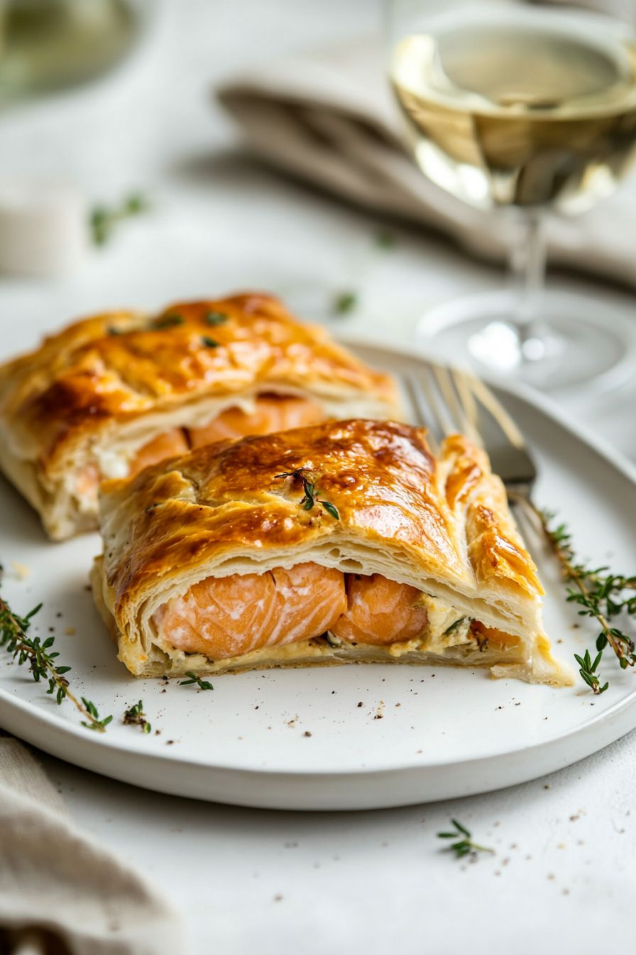 French fish recipes Salmon en Croute freshly baked served on a white porcelain plate