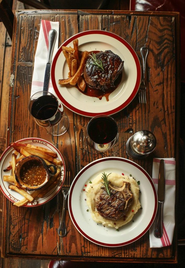 French food is famous steak frites meal and the other has a Duck confit meal with mashed potatoes
