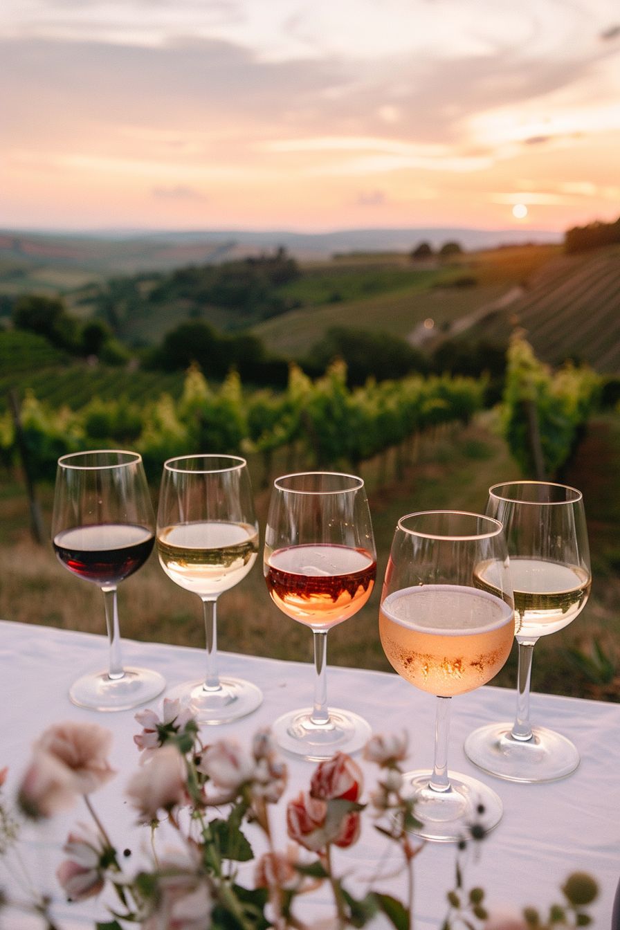 Types of French Wine tasting at a chateau red wine, white wine, rose, champagne, and dessert wine overlooking a rural vineyard in France