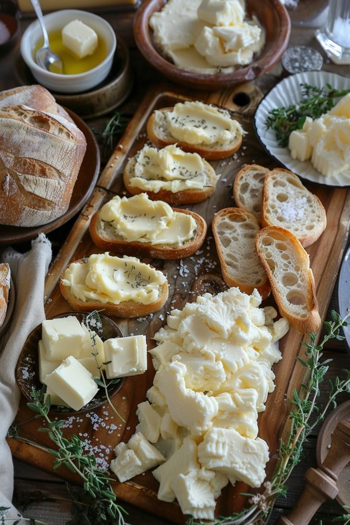 Types of french butter on wood cutting board with rosemary and slices of baguette bread