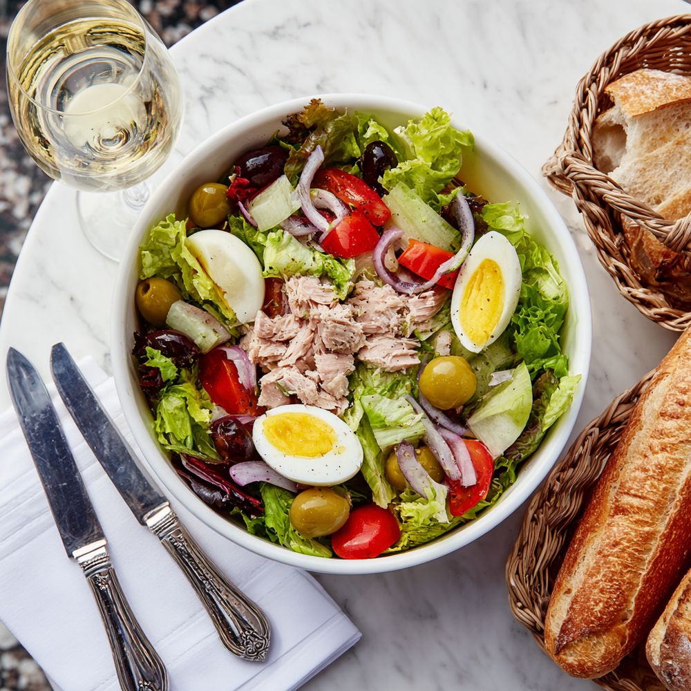 Famous French Foods Nicoise salad with baguette and white wine