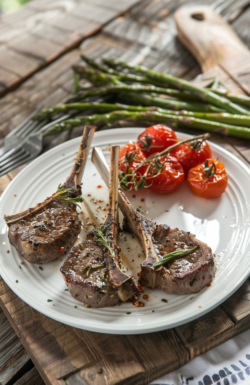 Lamb dishes French Lamb Chops seasoned with blend of rosemary and garlic, served with a side of roasted tomatoes and asparagus