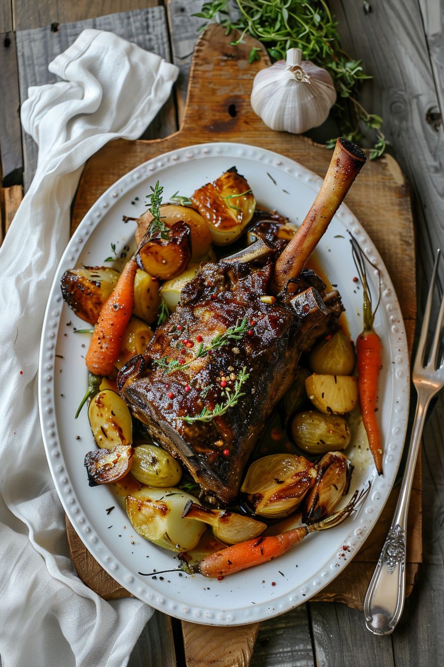 Lamb dishes French Lamb Confit seasoned with garlic, thyme, and bay leaves served with roasted French vegetables on a French white plate