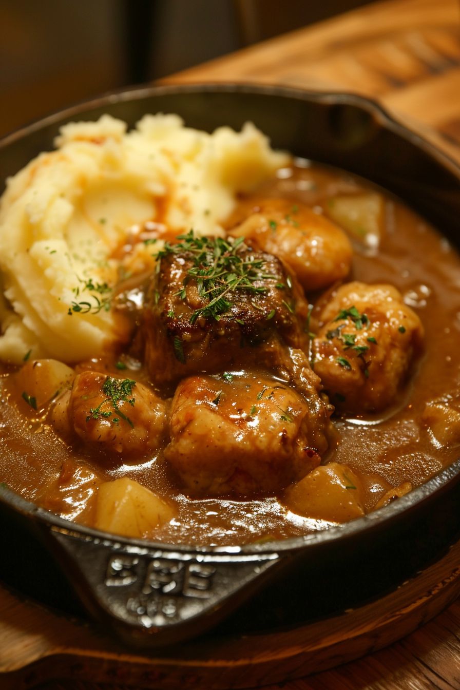 Lamb dishes French Sweetbreads served in a round black cast iron dish, in a brown gravy sauce