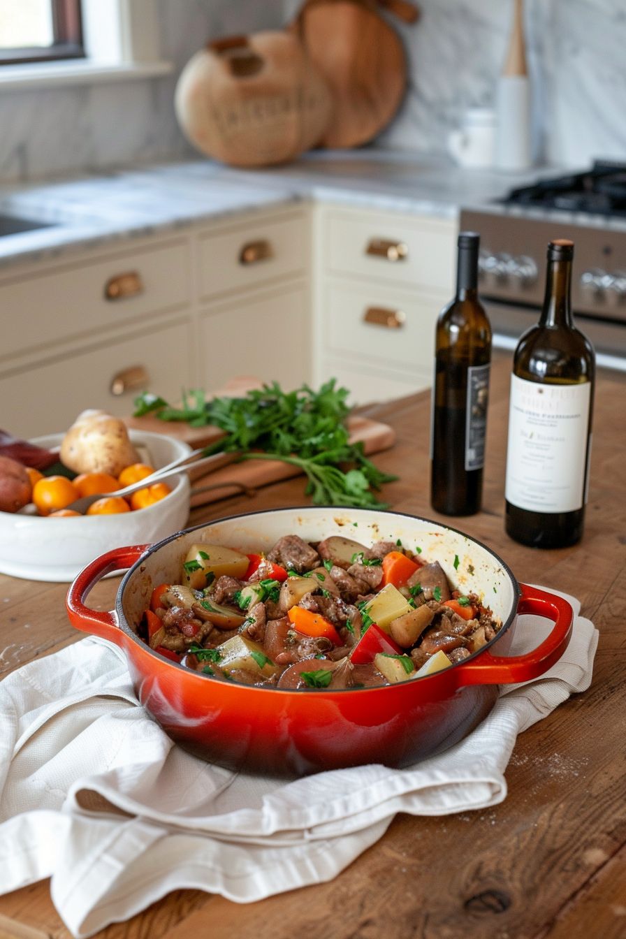 Lamb dishes Navarin d'Agneau in a red cast iron dish