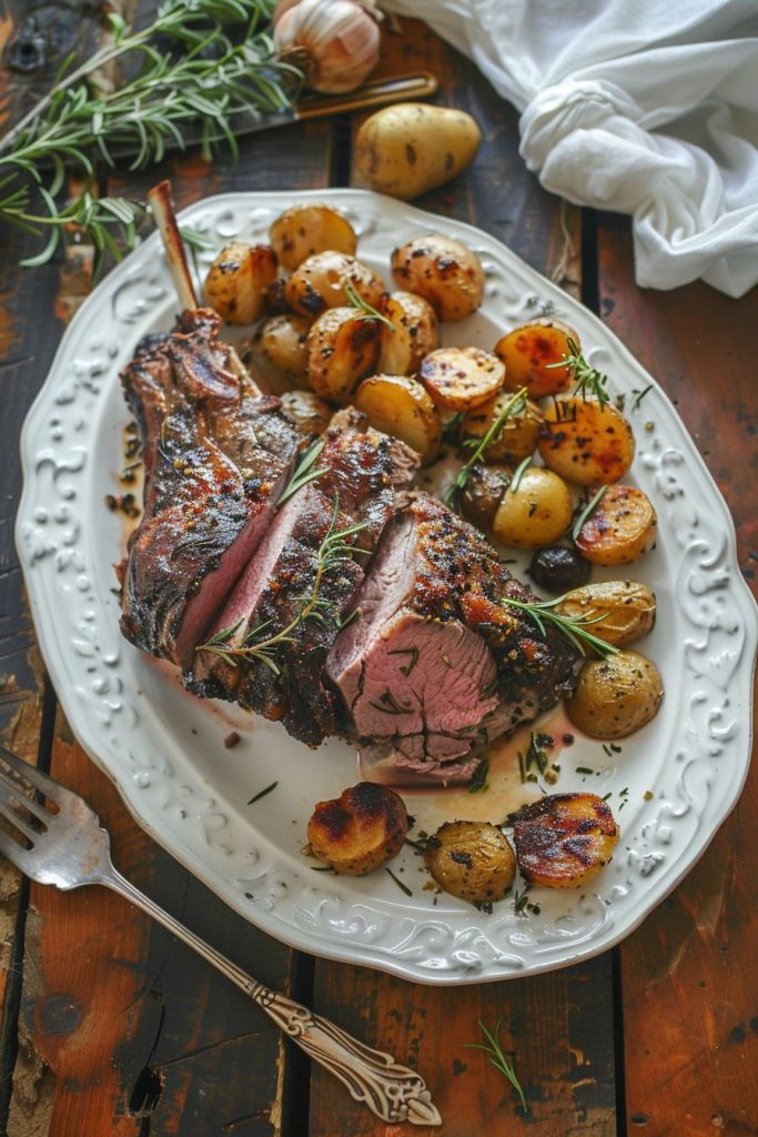 Lamb dishes Roast leg of lamb with garlic, rosemary, and Dijon mustard, a side of roasted baby potatoes