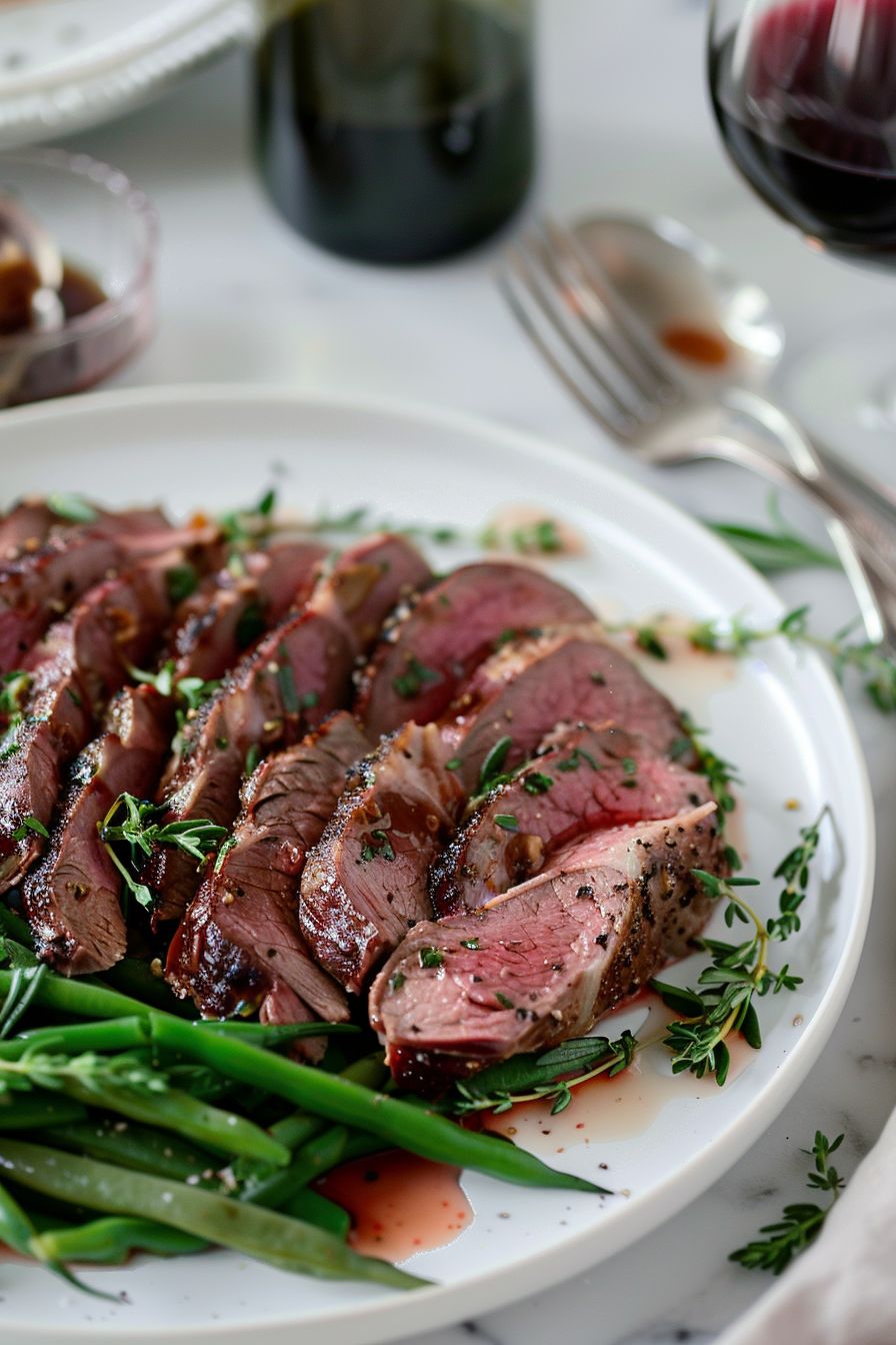 Pauillac lamb slices prepared with red wine, shallots, and fresh herbs, a side of thin green beans